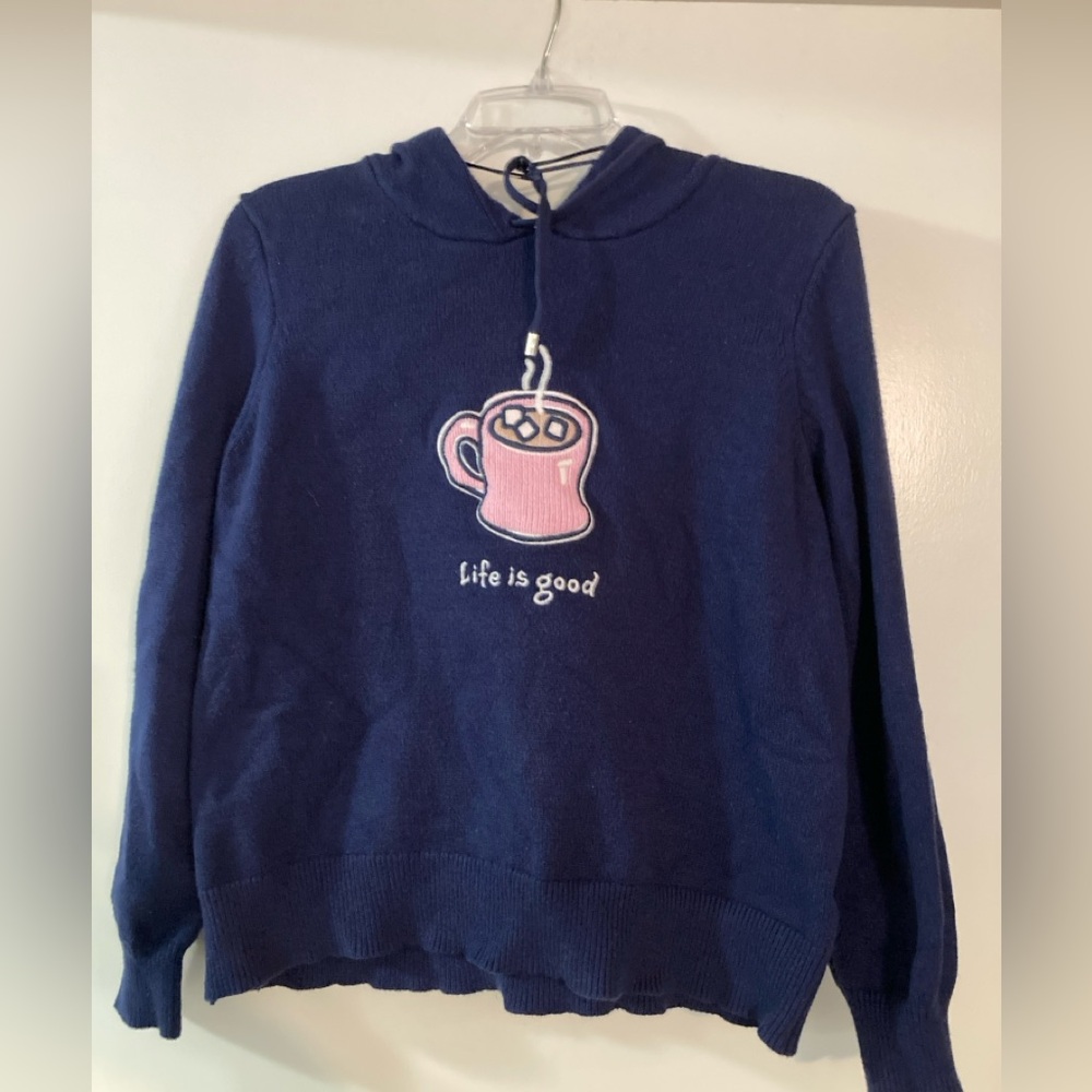 Life is Good navy blue sweater with hood. EUC. Women’s size Large.